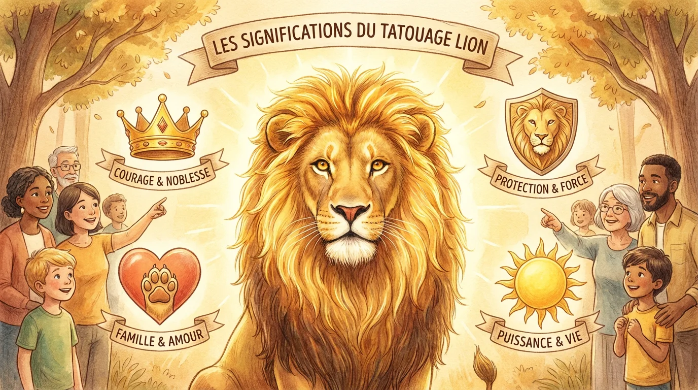 Illustration des significations symboliques du tatouage lion : force, royauté, protection et courage