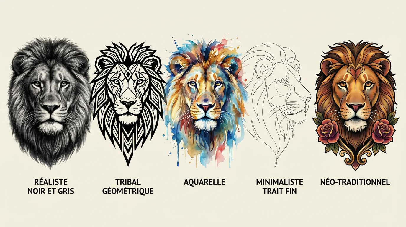 Illustration comparative de cinq styles de tatouage lion : réaliste, tribal, aquarelle, minimaliste et néo-traditionnel