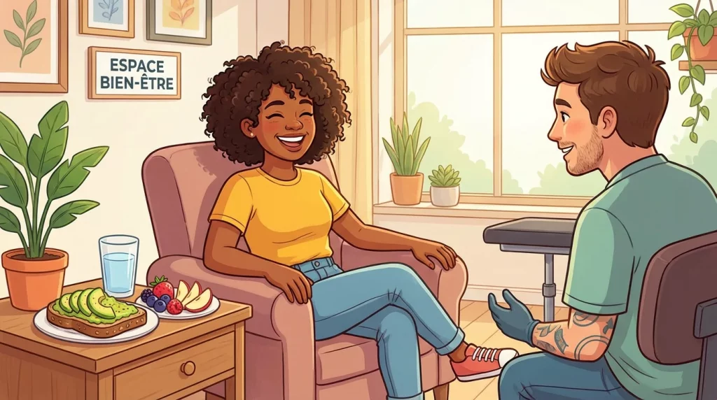 Illustration d'une personne bien préparée avant une séance de tatouage avec un repas équilibré