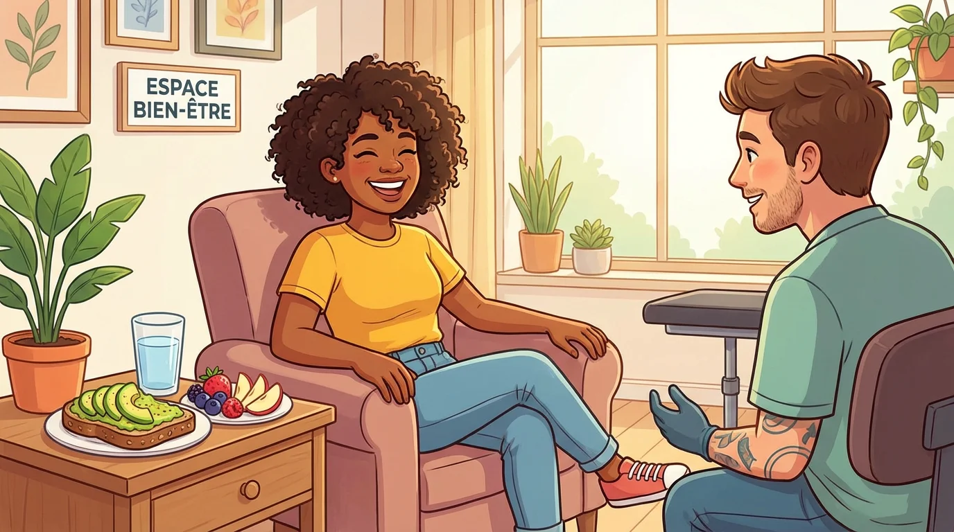 Illustration d'une personne bien préparée avant une séance de tatouage avec un repas équilibré