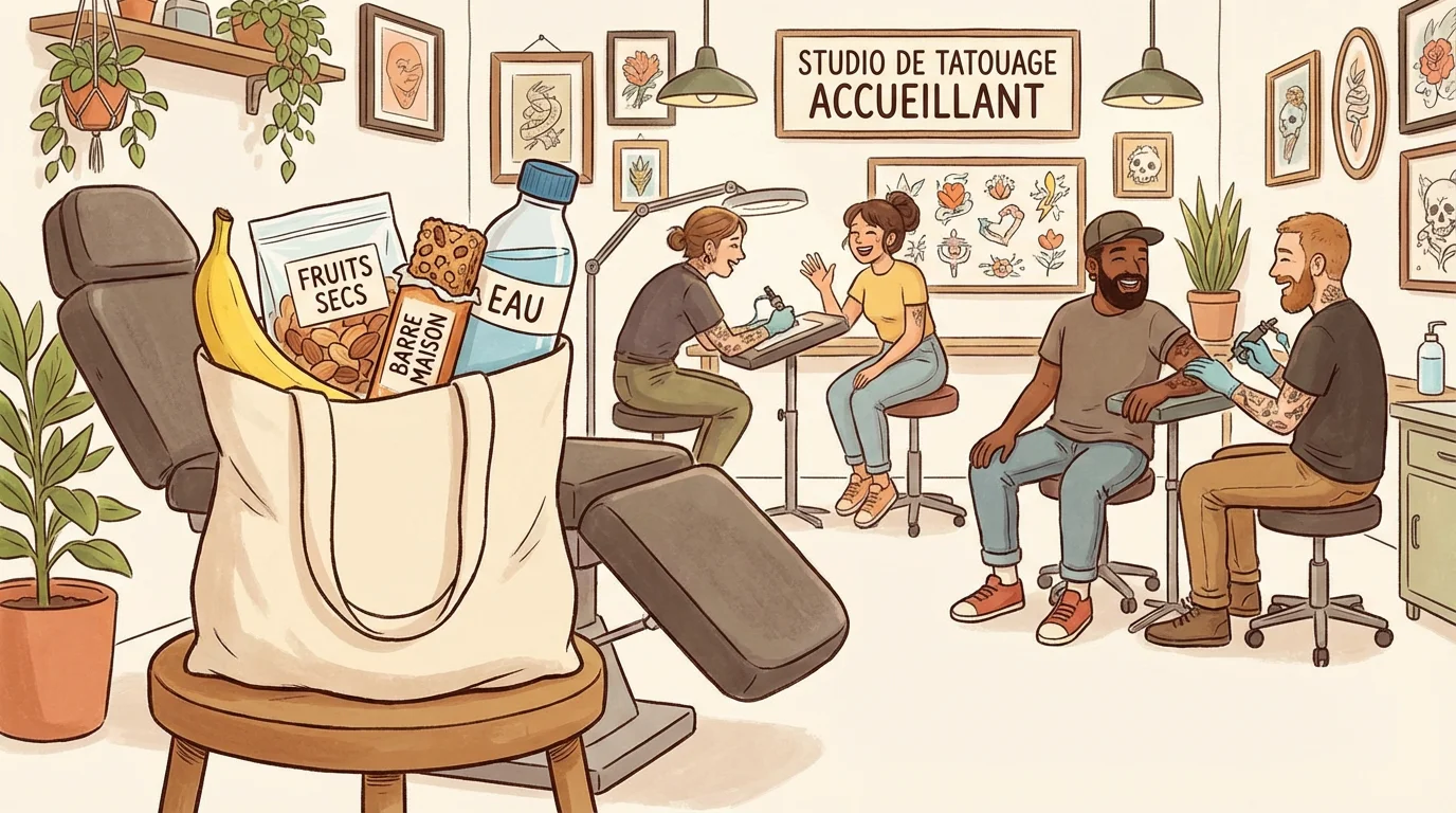 Illustration d'encas sains à emporter pour une longue séance de tatouage