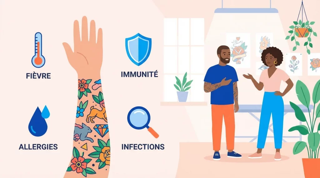 Illustration éducative sur les risques de santé liés au tatouage avec des pictogrammes médicaux et un studio de tatouage
