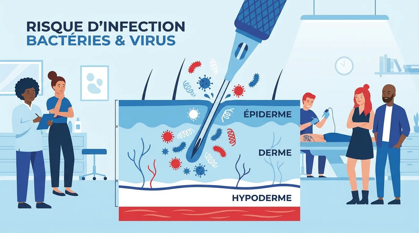 Illustration montrant les risques infectieux lors d'un tatouage avec une coupe de peau et des agents pathogènes