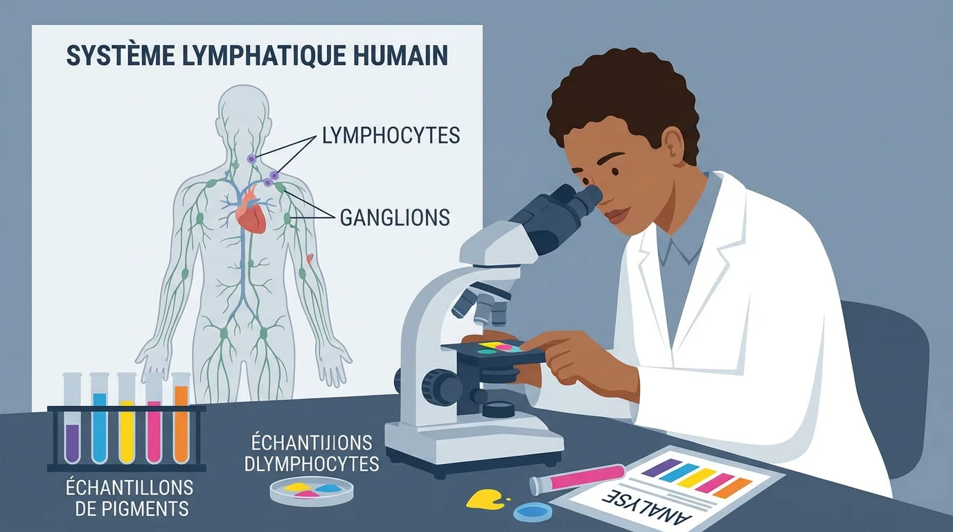 Illustration d'un chercheur étudiant la toxicité des encres de tatouage avec un schéma du système lymphatique