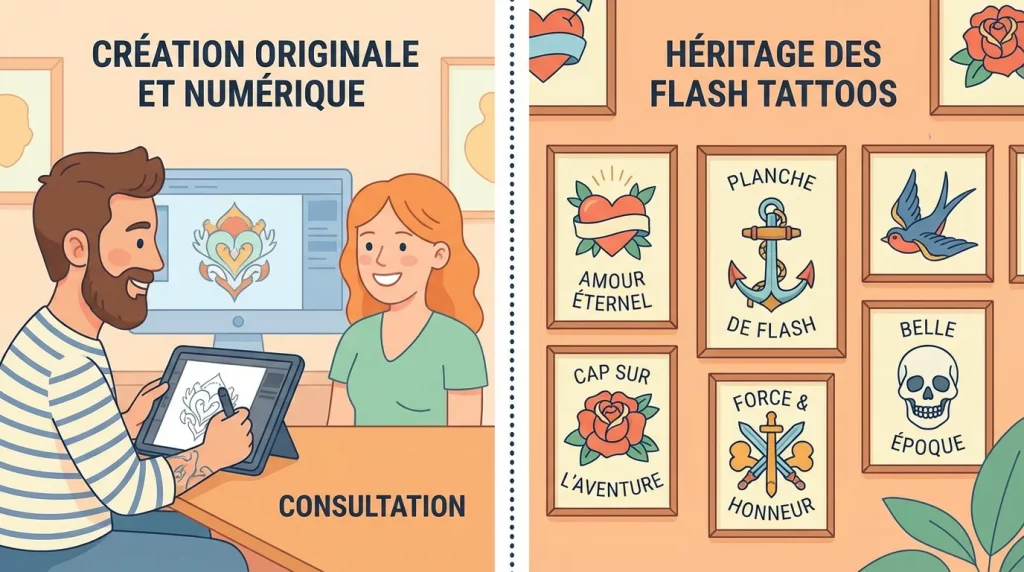 Illustration comparant le tatouage sur mesure et le tatouage flash dans un salon