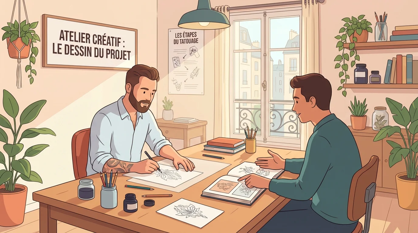 Illustration d'un tatoueur dessinant un motif sur mesure pour un client dans son atelier