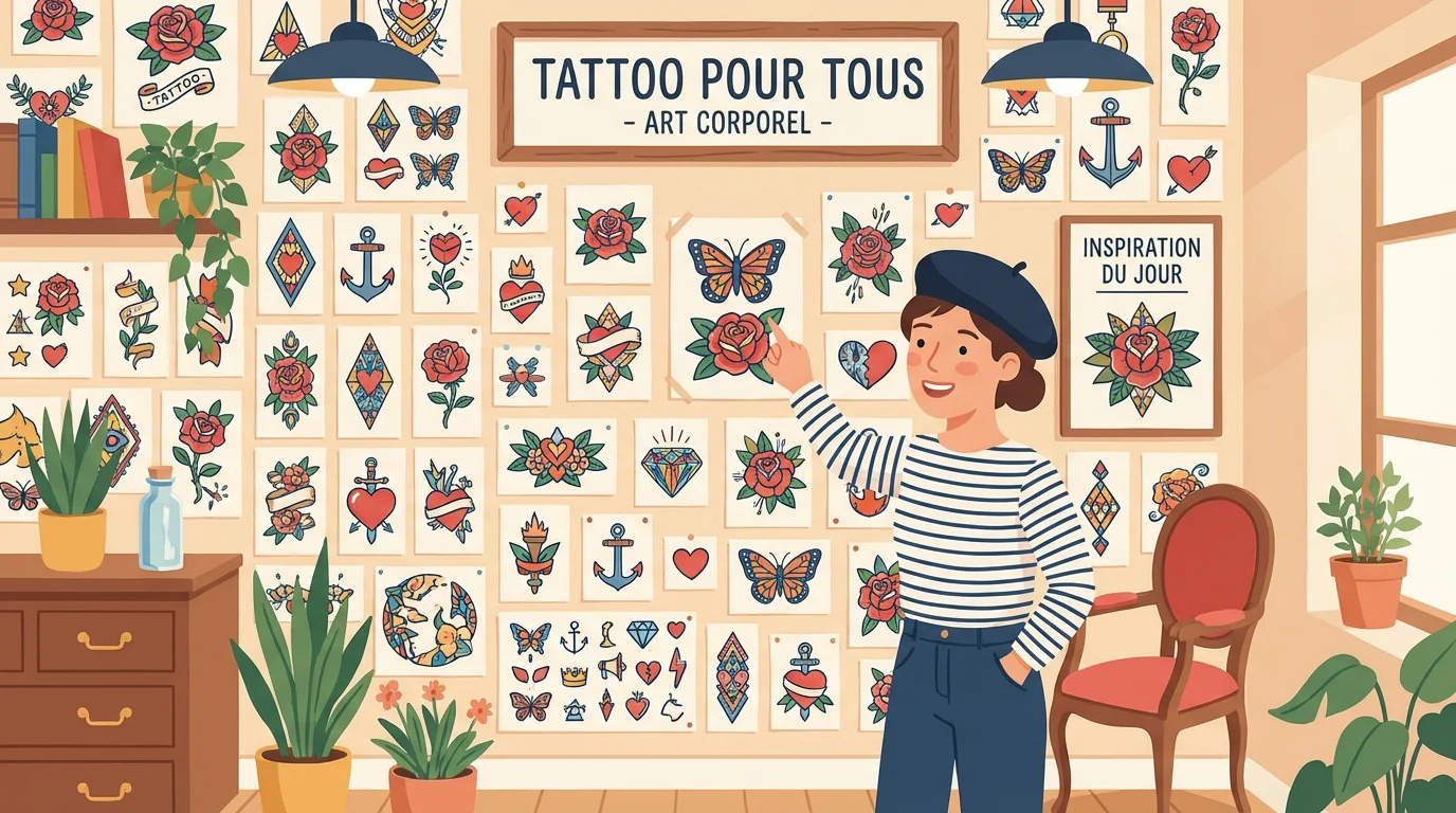 Illustration d'un mur de tatouages flash colorés dans un salon, avec un client choisissant un motif