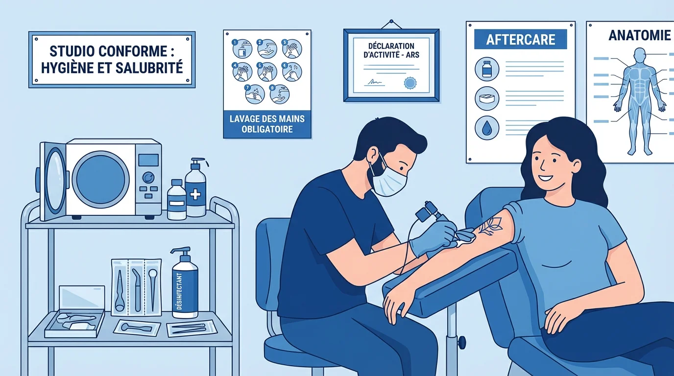 Illustration d'un studio de tatouage conforme aux normes d'hygiène françaises