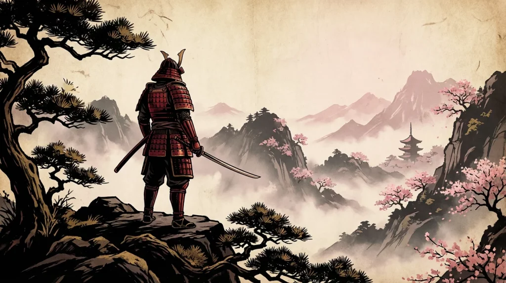 Illustration d'un samouraï en armure contemplant un paysage japonais de montagnes et cerisiers en fleurs