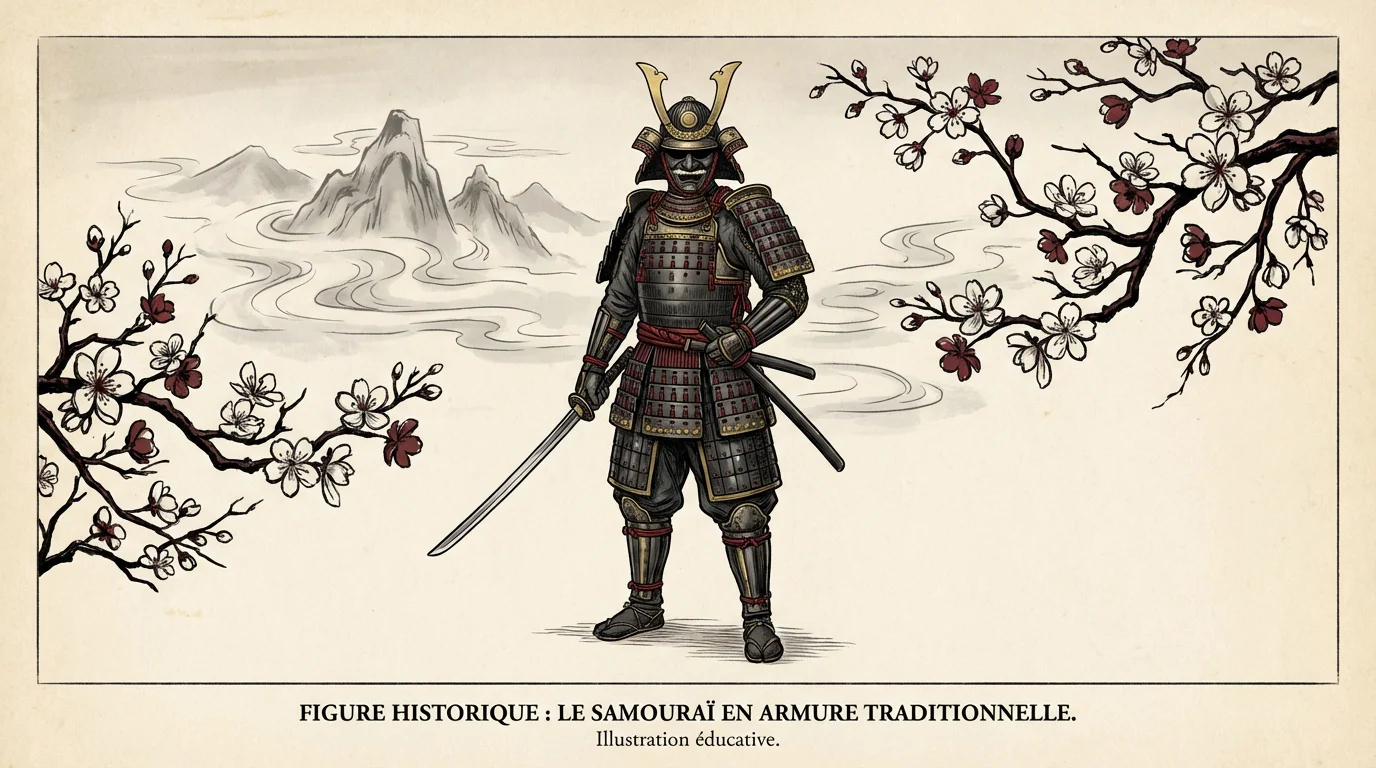 Illustration d'un samouraï en armure traditionnelle tenant un katana sous des cerisiers en fleurs