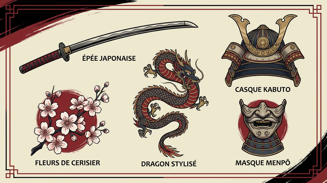 Illustration des symboles du tatouage samouraï : katana, casque kabuto, masque, cerisier et dragon