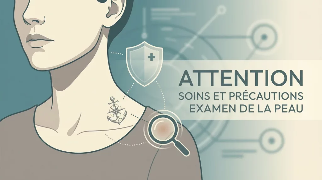Illustration d'un tatouage au cou avec des symboles de précaution pour la santé de la peau