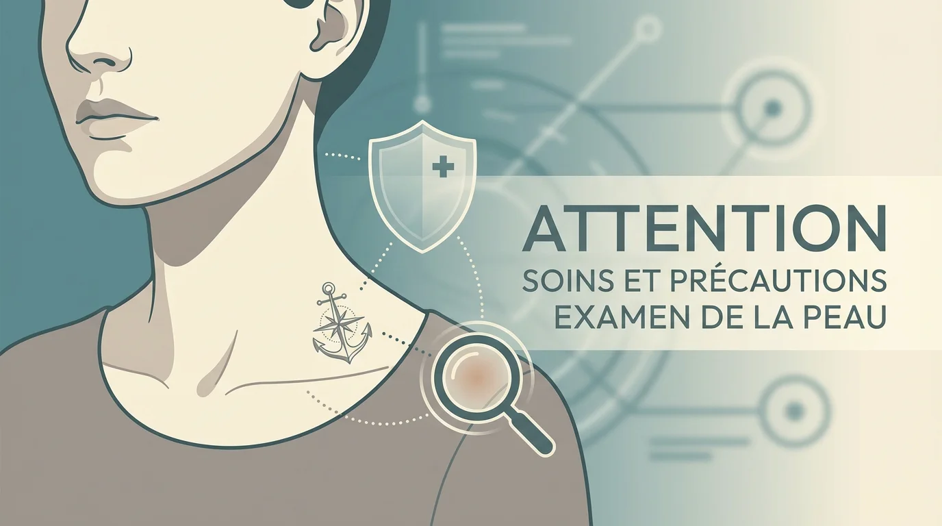 Illustration d'un tatouage au cou avec des symboles de précaution pour la santé de la peau