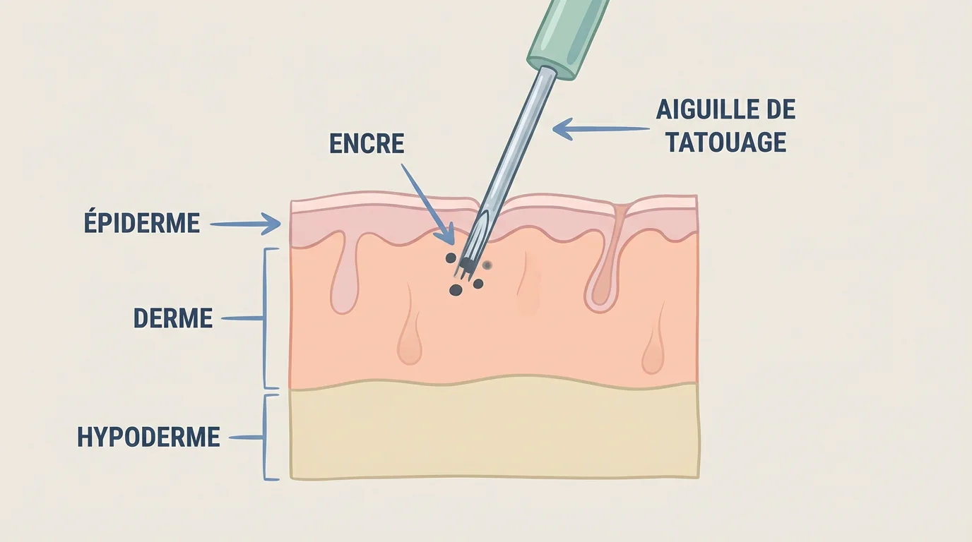 Illustration des couches de peau au niveau du cou traversées par une aiguille de tatouage