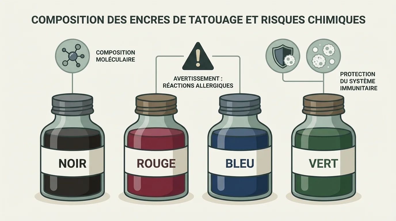 Illustration de flacons d'encre de tatouage avec symboles de risques chimiques