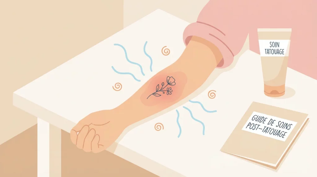 Illustration d'un tatouage récent avec un léger gonflement normal sur un bras