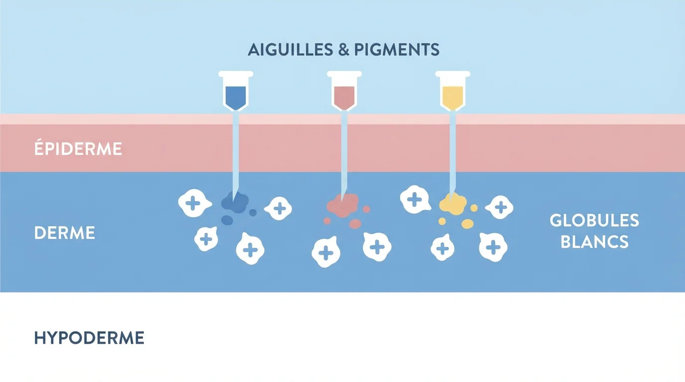 Illustration d'une coupe de peau montrant le mécanisme inflammatoire après un tatouage