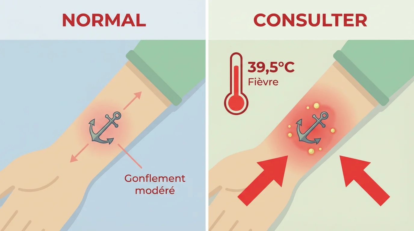Illustration comparative entre un gonflement normal de tatouage et les signes d'infection nécessitant une consultation