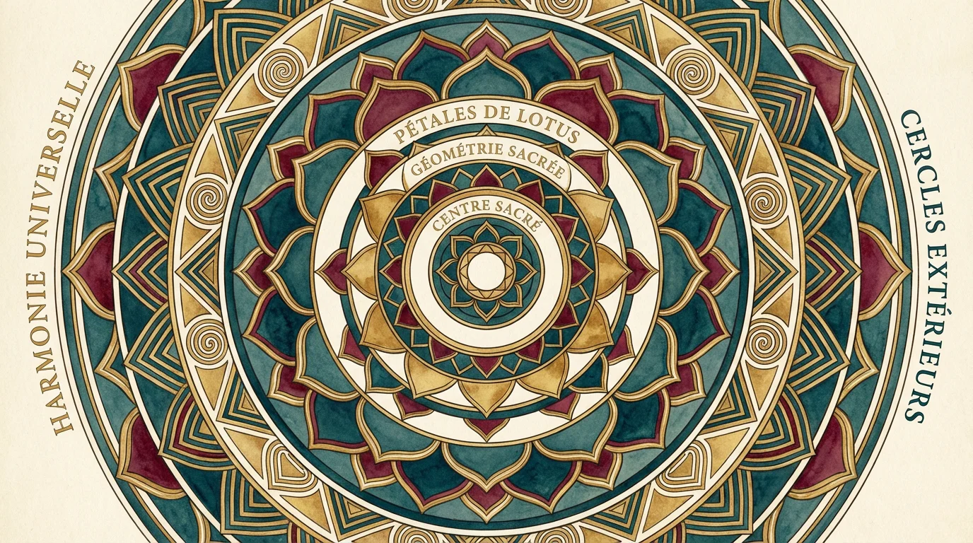 Illustration d'un mandala détaillé aux motifs de géométrie sacrée avec des tons profonds de bleu, or et bordeaux