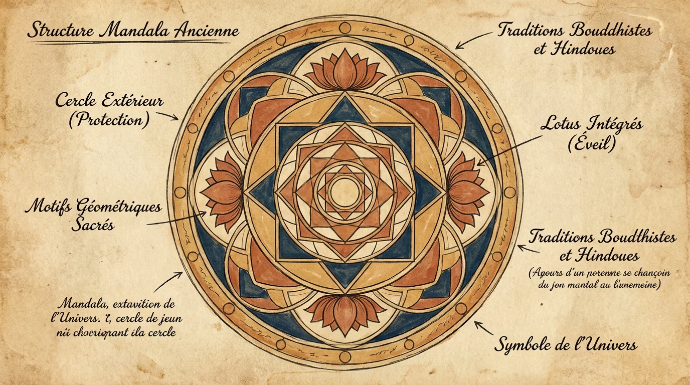 Illustration d'un mandala traditionnel aux motifs géométriques sacrés inspirés des traditions bouddhistes et hindouistes