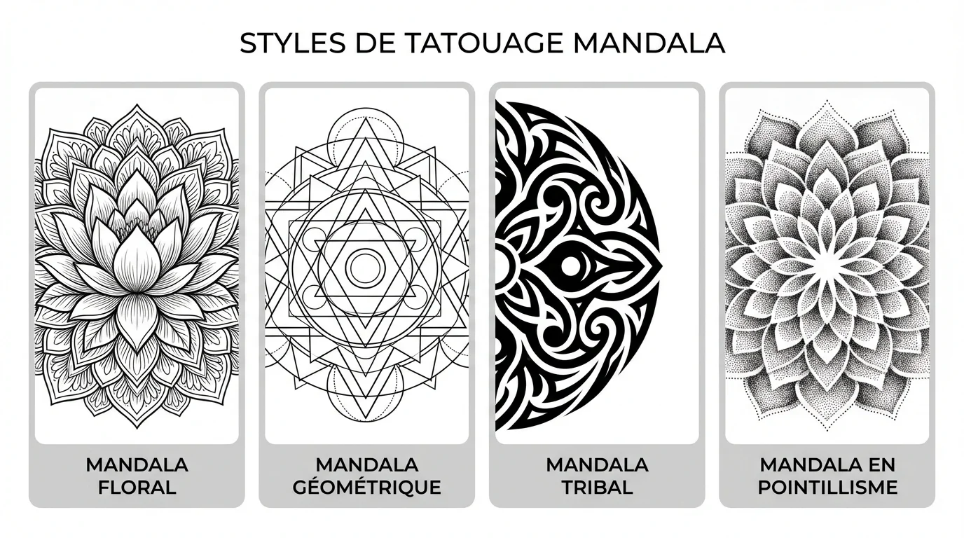 Illustration comparative de quatre styles de tatouage mandala : floral, géométrique, tribal et dotwork