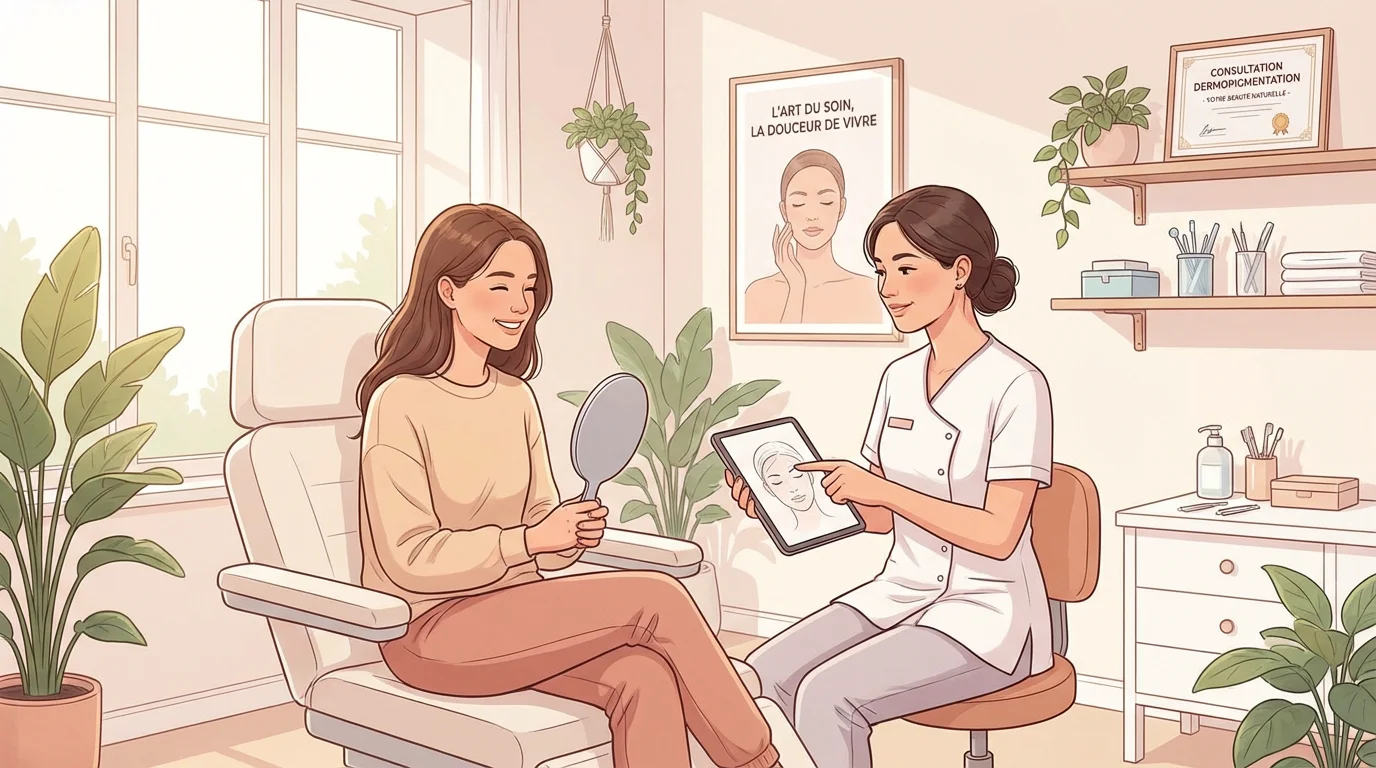 Illustration d'une consultation de dermopigmentation réparatrice de l'aréole mammaire en cabinet