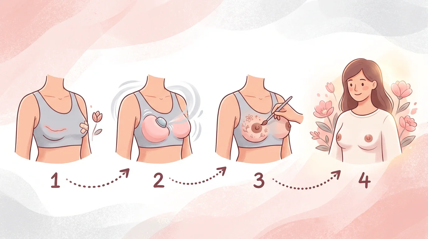 Illustration des étapes de la reconstruction mammaire jusqu'au tatouage de l'aréole