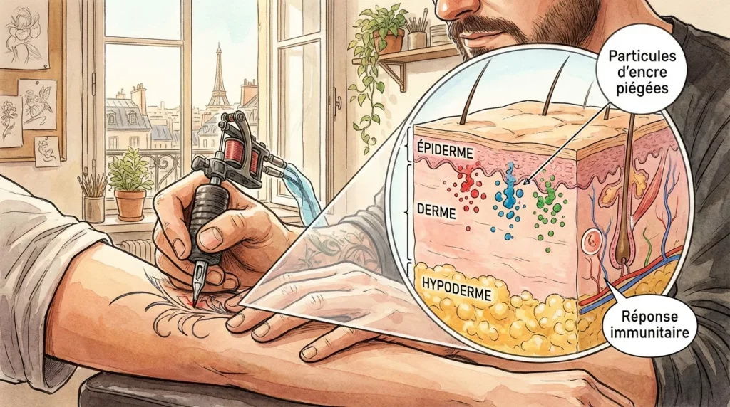 Illustration d'un tatouage en cours avec vue en coupe des couches de la peau et dépôt d'encre dans le derme