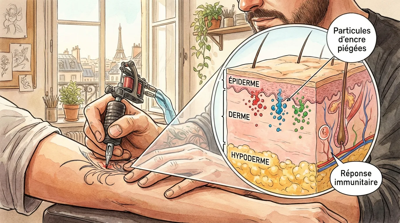 Illustration d'un tatouage en cours avec vue en coupe des couches de la peau et dépôt d'encre dans le derme