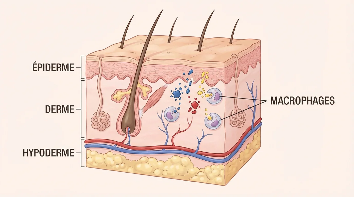 Illustration en coupe de la peau montrant l'encre de tatouage piégée dans le derme par les macrophages