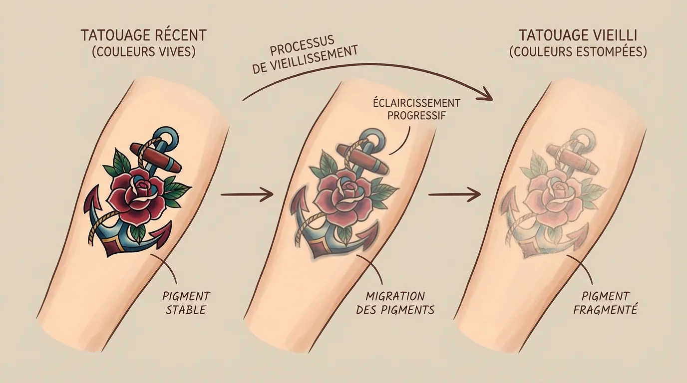 Illustration comparant un tatouage récent coloré et un tatouage ancien estompé sur un bras