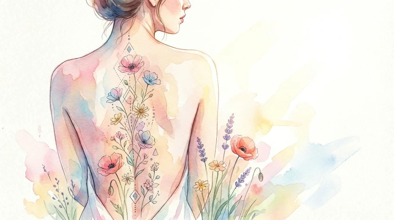 Illustration d'un dos avec un tatouage floral et géométrique le long de la colonne vertébrale