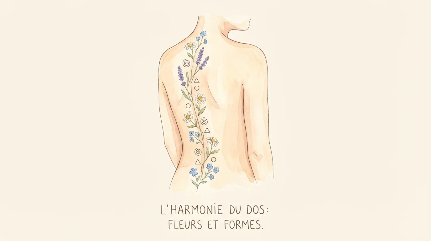 Illustration d'un dos avec un tatouage floral le long de la colonne vertébrale