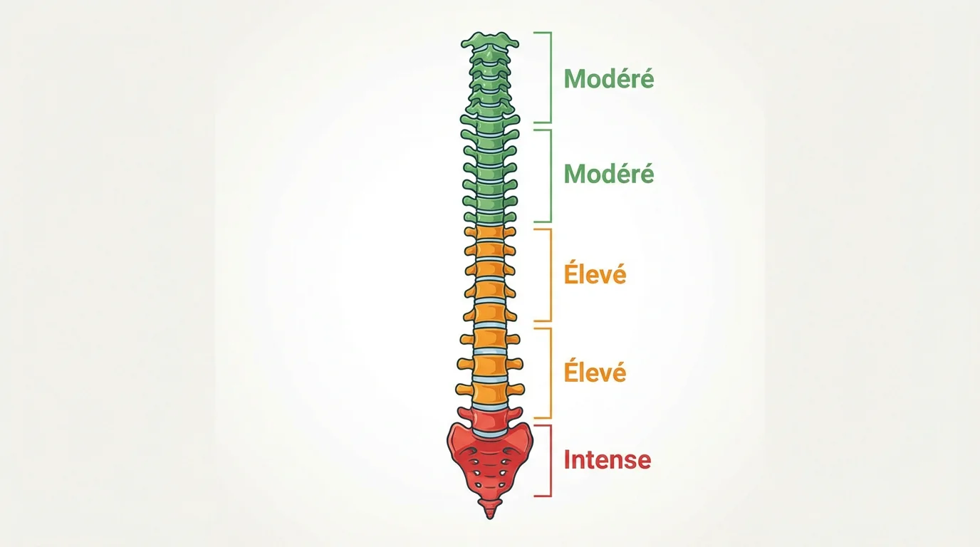 Illustration schématique de la colonne vertébrale avec les niveaux de douleur pour un tatouage