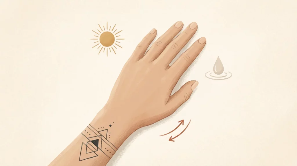 Illustration d'une main tatouée entourée des facteurs de vieillissement du tatouage comme le soleil et les frottements