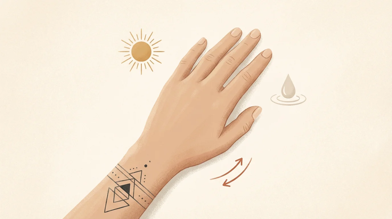 Illustration d'une main tatouée entourée des facteurs de vieillissement du tatouage comme le soleil et les frottements