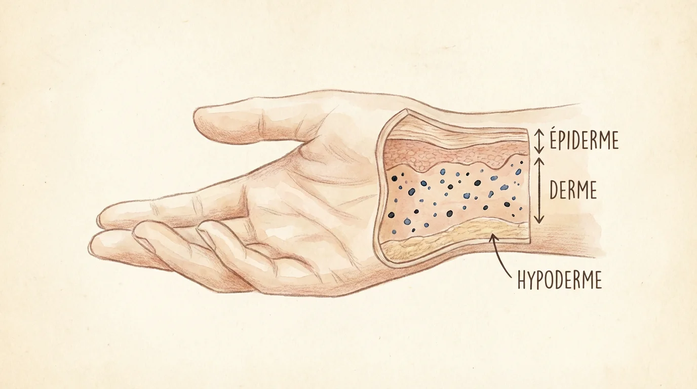 Illustration en coupe de la peau de la main montrant les couches cutanées et les particules d'encre de tatouage