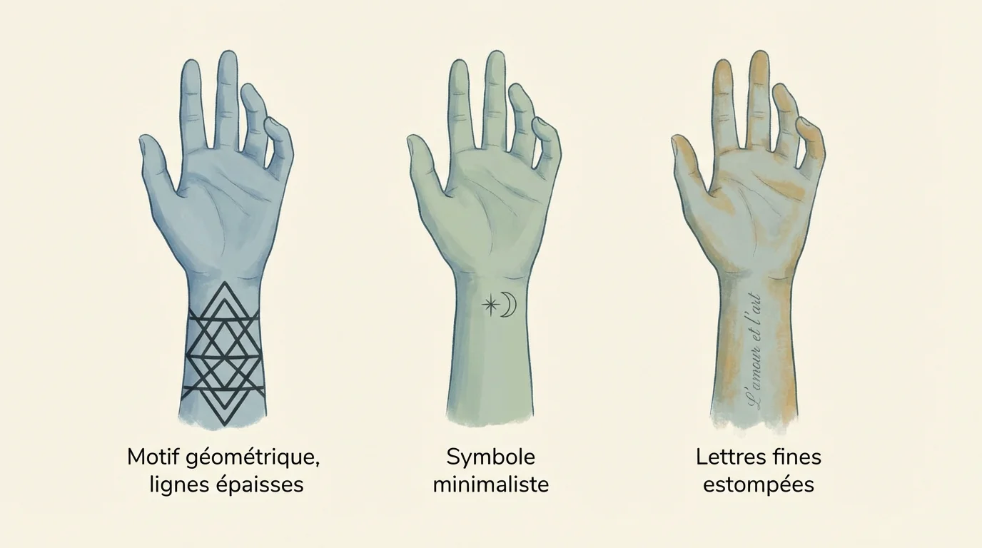Illustration comparative de trois styles de tatouage sur la main et leur tenue dans le temps