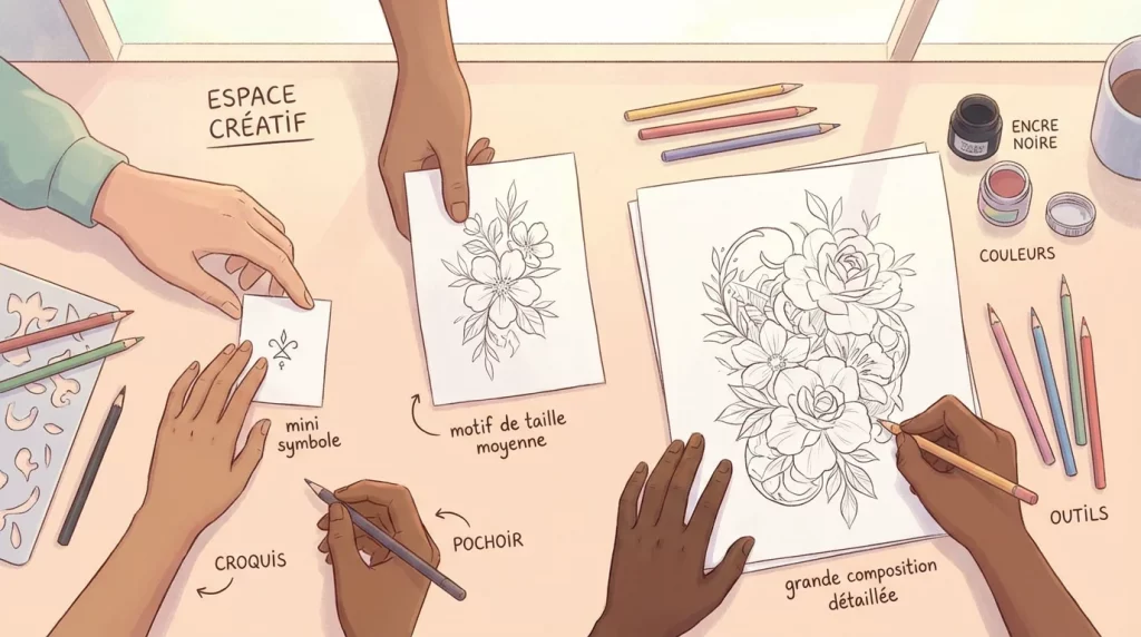 Illustration d'un bureau de tatoueur avec des croquis de tatouages de différentes tailles