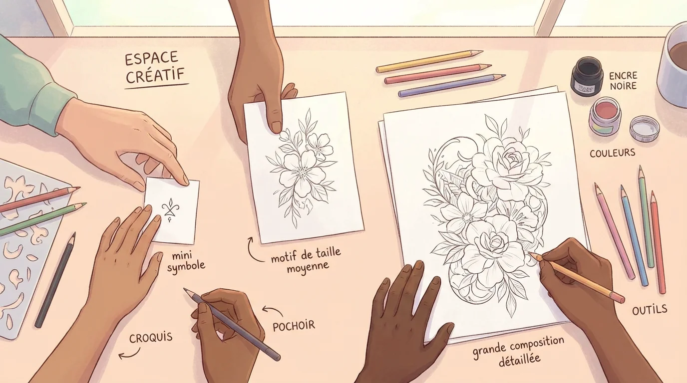 Illustration d'un bureau de tatoueur avec des croquis de tatouages de différentes tailles