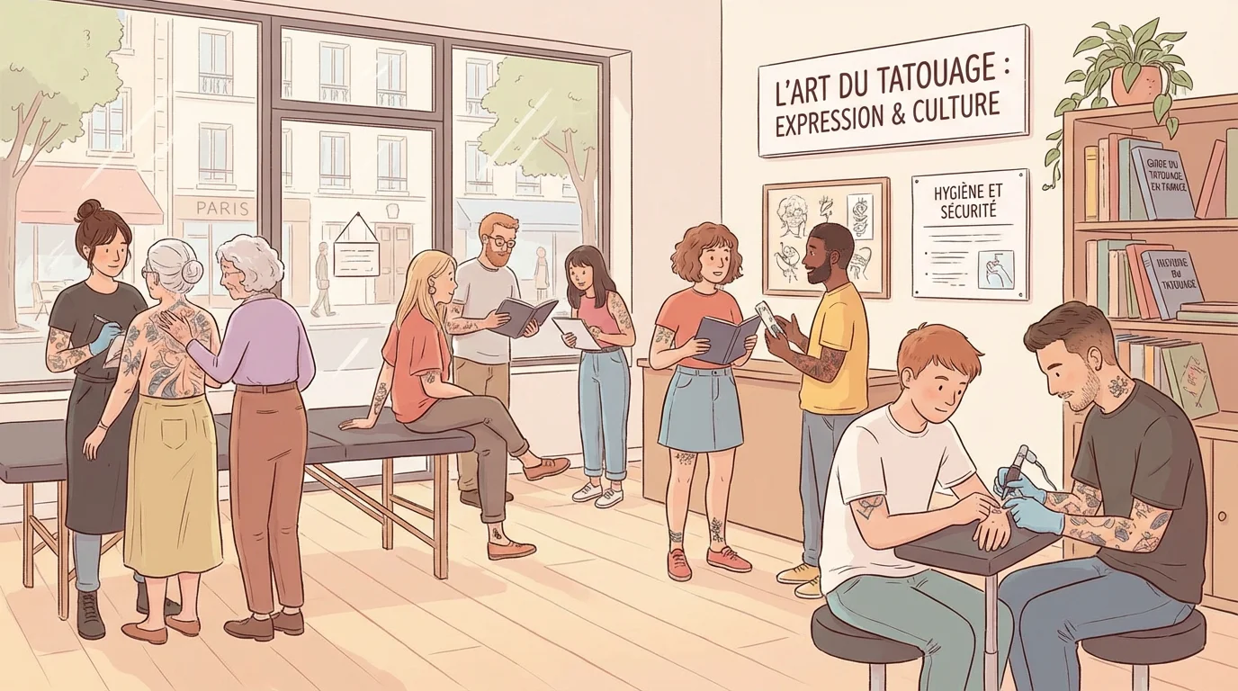 Illustration d'un salon de tatouage en France avec des personnes arborant des tatouages de différentes tailles