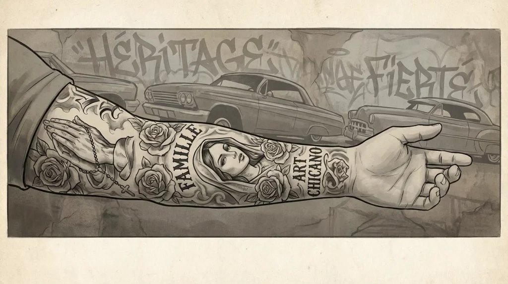 Illustration d'un bras tatoué en style chicano noir et gris avec des motifs emblématiques