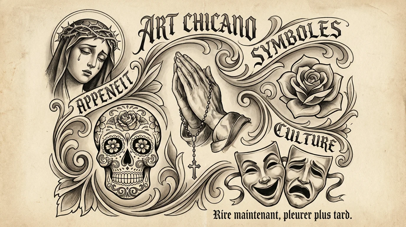 Illustration des symboles emblématiques du tatouage chicano : Vierge Marie, calavera, mains en prière et masques