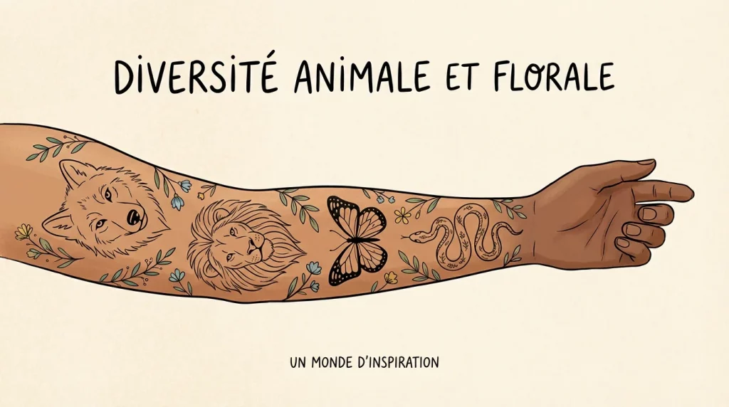 Illustration d'un bras tatoué avec des motifs animaliers variés : loup, lion, papillon et serpent
