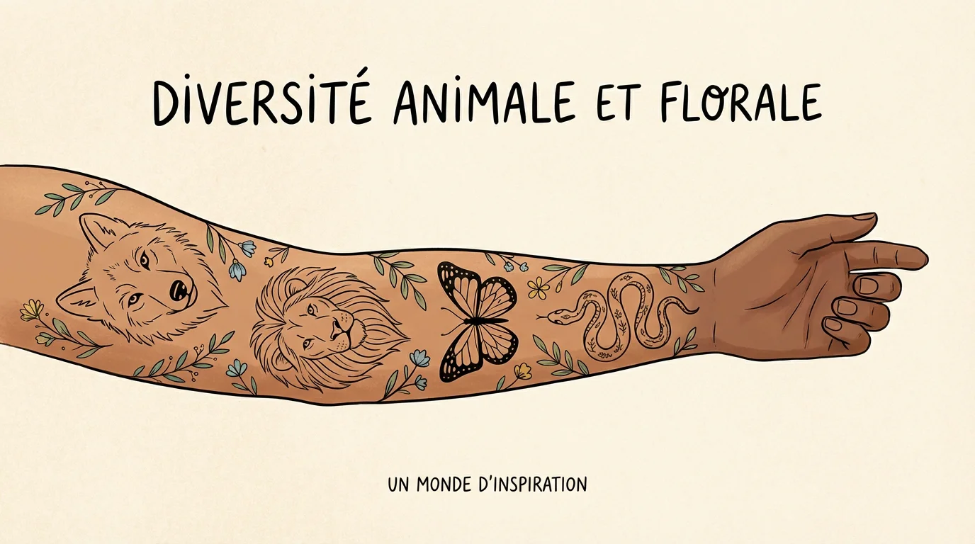 Illustration d'un bras tatoué avec des motifs animaliers variés : loup, lion, papillon et serpent