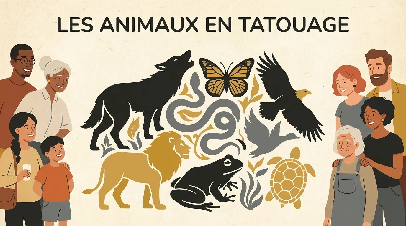 Illustration de silhouettes d'animaux populaires en tatouage : loup, lion, serpent, papillon, aigle et tortue