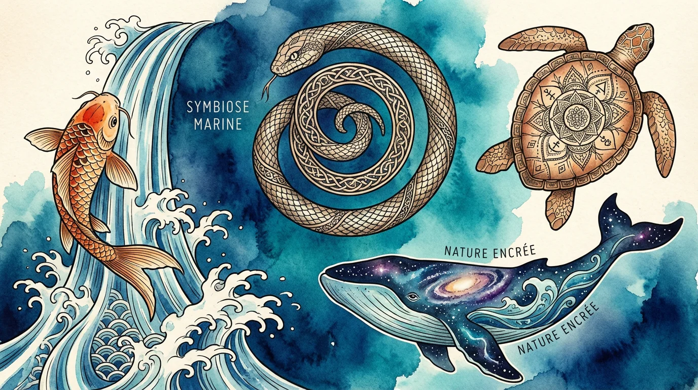 Illustration de motifs de tatouage animalier marin : carpe koï, serpent, tortue et baleine en style aquarelle