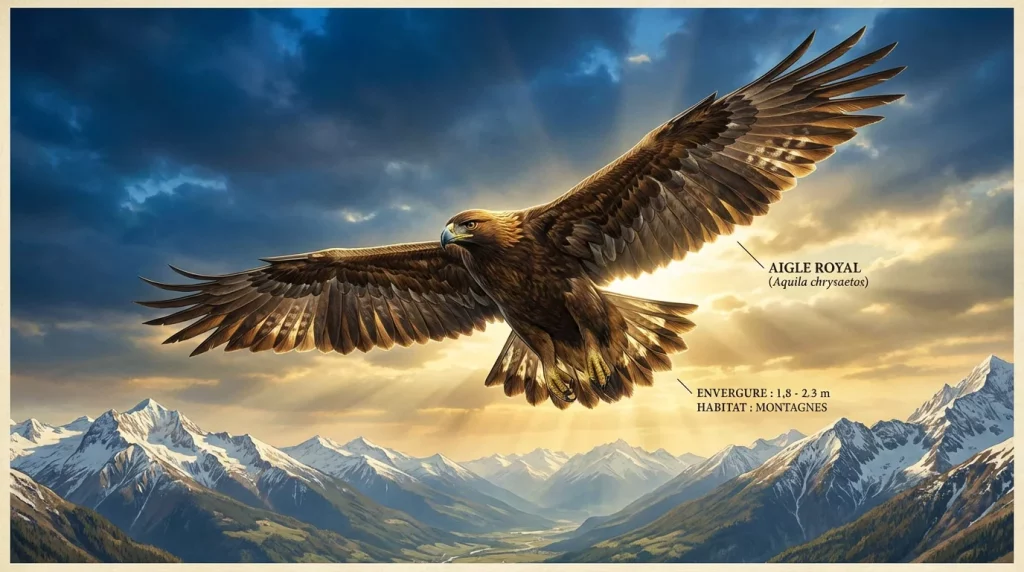 Illustration majestueuse d'un aigle royal en vol symbolisant la puissance et la liberté