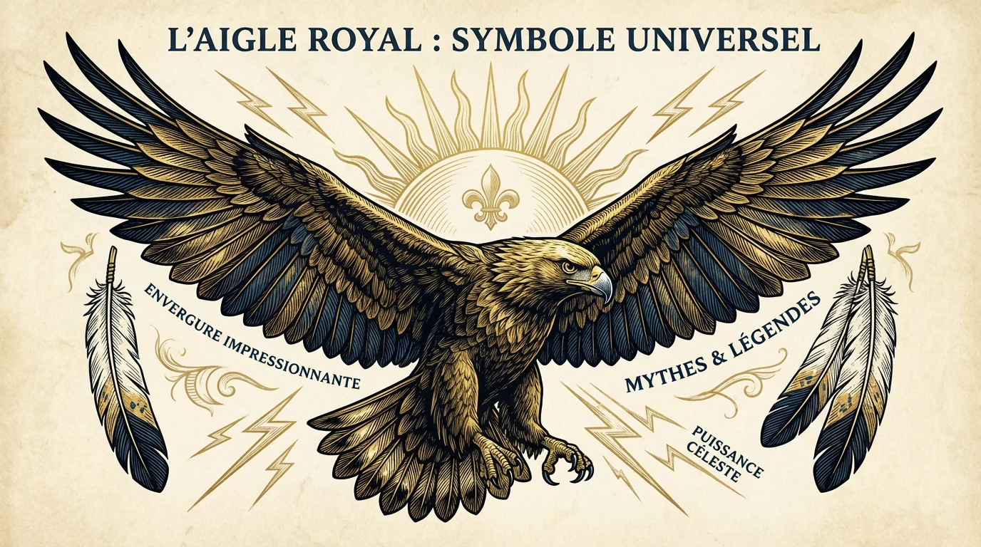 Illustration d'un aigle en vol entouré de symboles mythologiques évoquant sa signification universelle