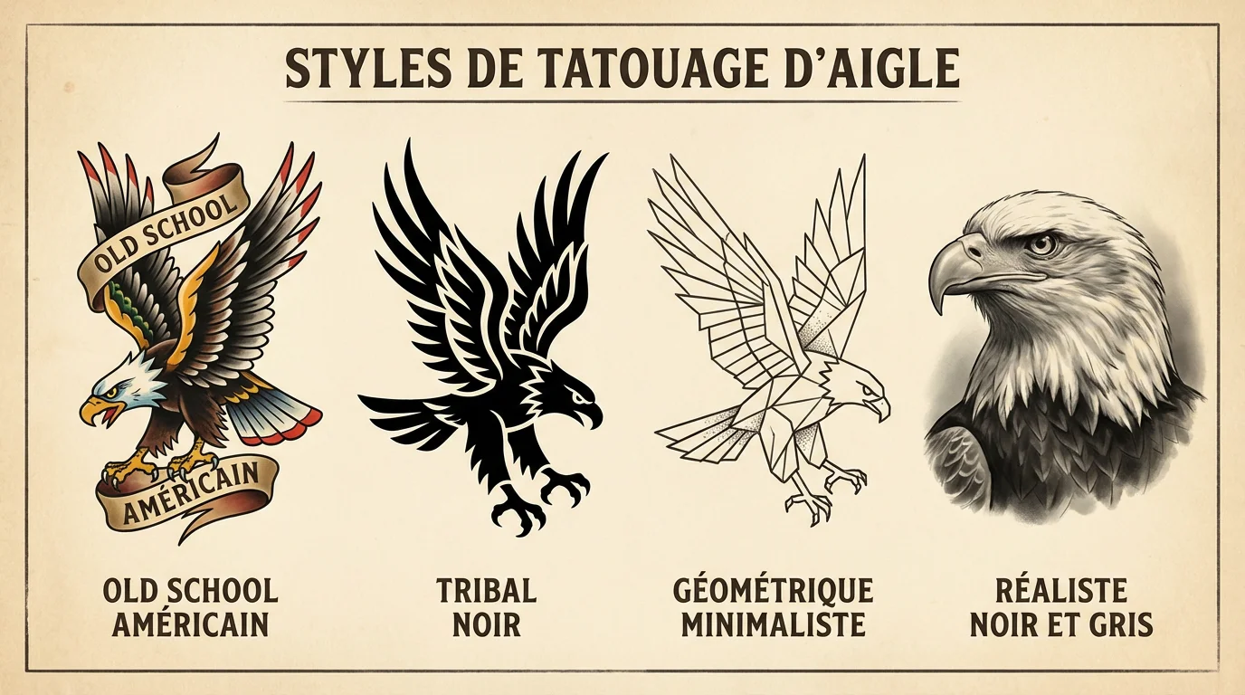 Illustration comparative de quatre styles de tatouage d'aigle : old school, tribal, géométrique et réaliste